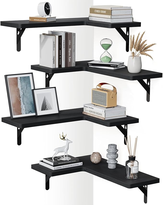 Amada Corner Floating Shelves, Paulownia Wood, Set of 4, Black | Corner Wall Shelves with Triangular Metal Bracket, 44 lbs Capacity per Shelf, L-Shaped Design for Home Decor, Kitchen Storage