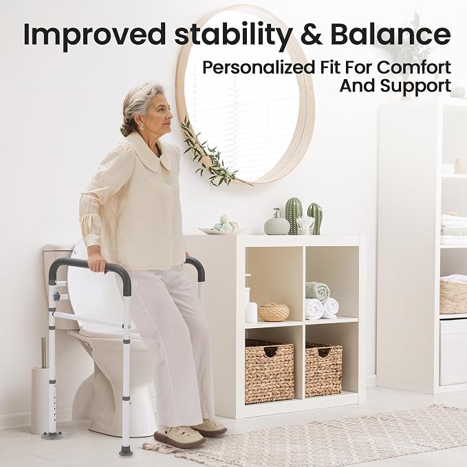 Careboda Toilet Safety Rails, Toilet Frame for Seniors, 300lbs Capacity | Foldable Toilet Handles, Toilet Rails Adjustable for Elderly & Disabled, Non-Slip Foot Mats, Easy to Store, Fit Most Toilets