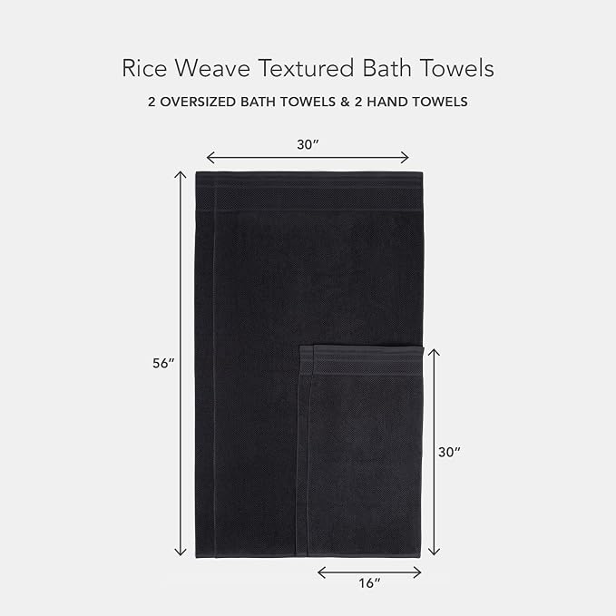 Texere 100% Organic Cotton Rice Weave Jacquard 700 GSM Luxury Bath Towel Sets - Ultra Soft and Absorbent Hotel and Spa Quality (Rice Weave, Black, 2 Bath & 2 Hand Towels)