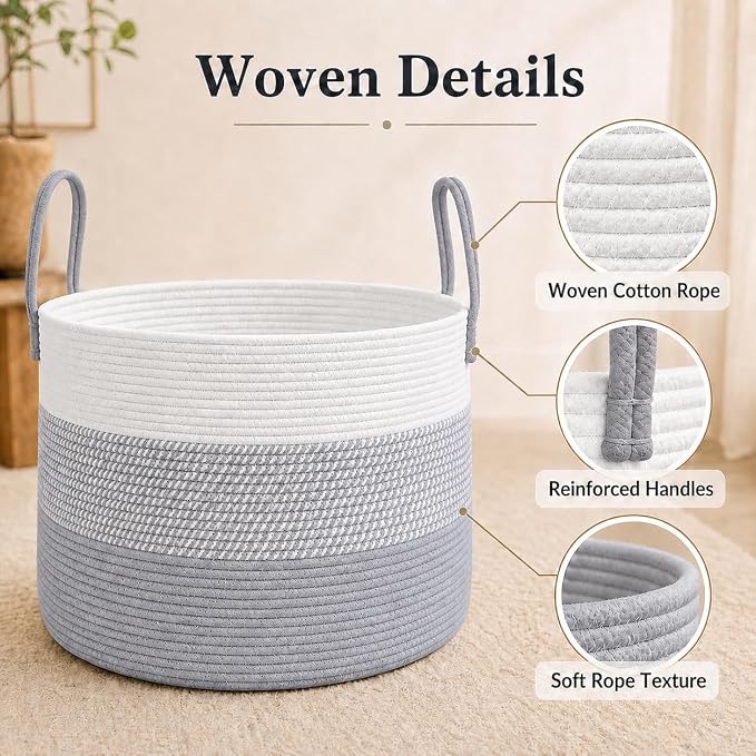 JMvicyroam 65L Extra Large Machine Washable Cotton Rope Blanket Basket | Collapsible laundry hamper, Reinforced handles, For blankets,pillows,toys and clothes, Living room and bedroom,White&Grey Mix