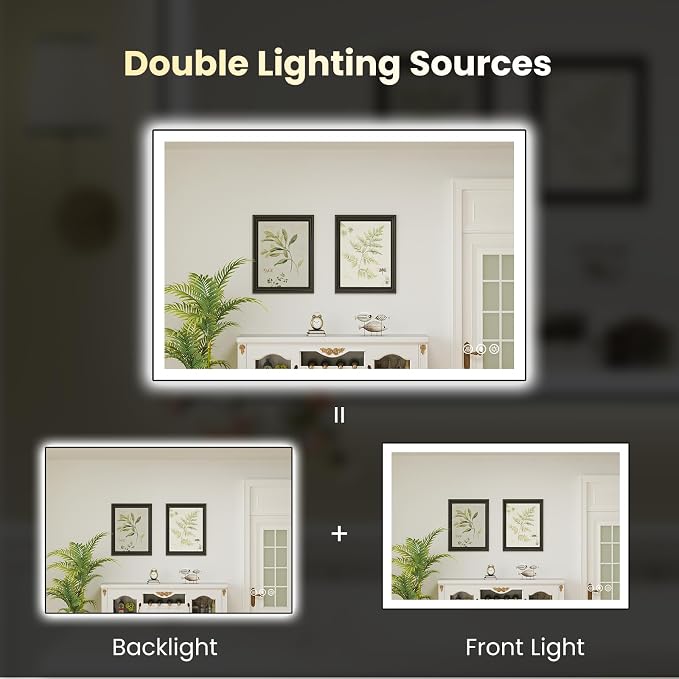 WTTY 40"x30" LED Bathroom Mirror with Black Frame | Aluminum Alloy Framed, Anti-Fog, Dimmable, 3 Color Temperature, Memory Function, Tempered Glass, Lighted Vanity Wall Mirror