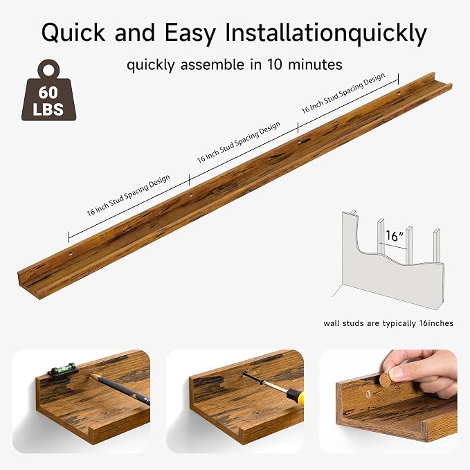 Floating Picture Ledge Shelves for Wall Set of 2, 72 Inches Picture Ledge Shelf with Long Large Nursery Book Shelf for Storage, Bookshelf Wall Mounted Living Room Decor Frames, Rustic Brown