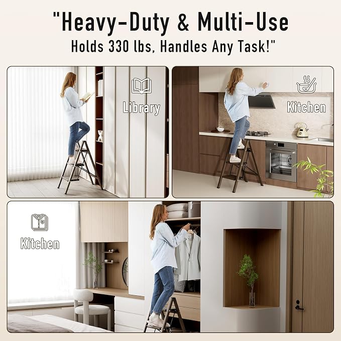 Mayi Plus 3 Step Stool Foldable, Aluminum, Lightweight Step Ladder | Extra-wide anti-slip folding steps with 330 lbs, for home,kitchen,office,outdoor,office,Walnut