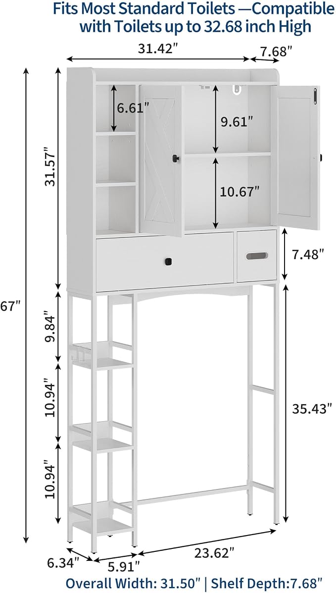 Garvee Over-The-Toilet Storage Rack, Modern Bathroom Organizer | MDF Shelves & Steel Frame, Space-Saving Toilet Shelf for Small Bathrooms, Bathroom Cabinet for Towels & Toiletries, White
