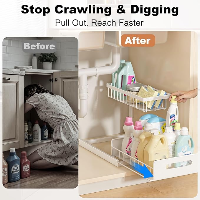 Under Sink Organizer, L-Shaped 2 Tier Pull Out Cabinet Organizer | Slide Out Under Cabinet Storage, For Kitchen and Bathroom, Metal Under Sink Storage with Sliding Drawer, 50 lbs, White 2 Pack