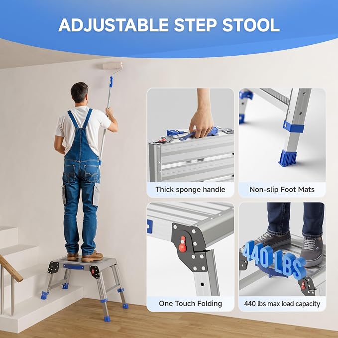 Folding Step Stool for Adults, Portable Aluminum Work Platform 440lb | 12"-15.7" Adjustable Height, 12" x 16.5" Wide Platform for Garage, Painting, Reach High Shelves, Gardening, Car Wash