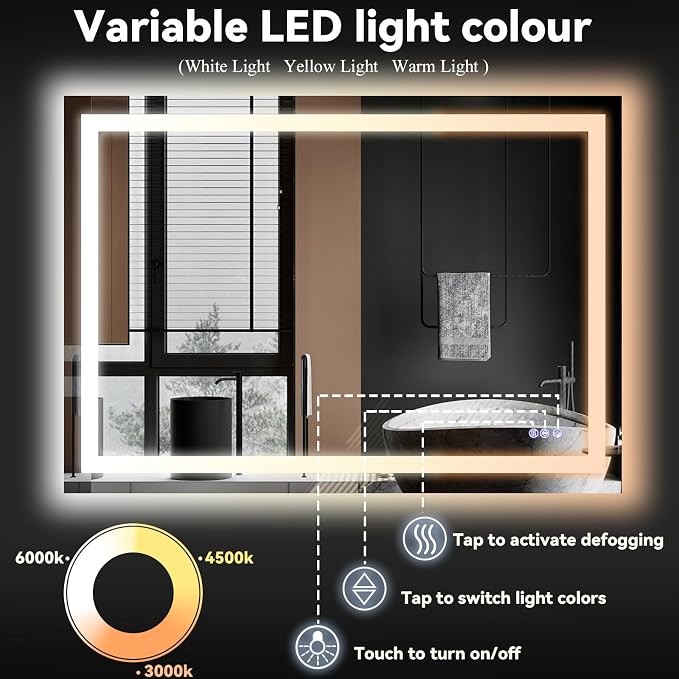 Large Bathroom Mirror with Lights 47 x 47 Inch - 3 Adjustable Lighting Modes Square LED Bathroom Vanity Mirror, Anti-Fog, Memory Function, Tempered Glass, Wall Mounted Horizontally Vertically