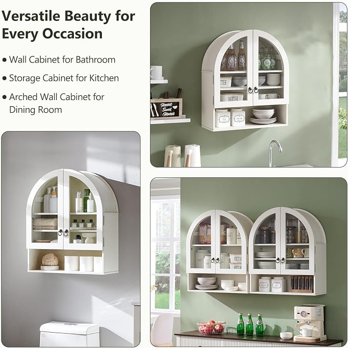 IFGET Bathroom Arched Wall Cabinet, 23.6'' Wide Medicine Cabinet with Adjustable Shelves & Glass Doors, Over The Toilet Storage Wall Mount Cabinet for Laundry Room,Kitchen & Living Room, Antique White