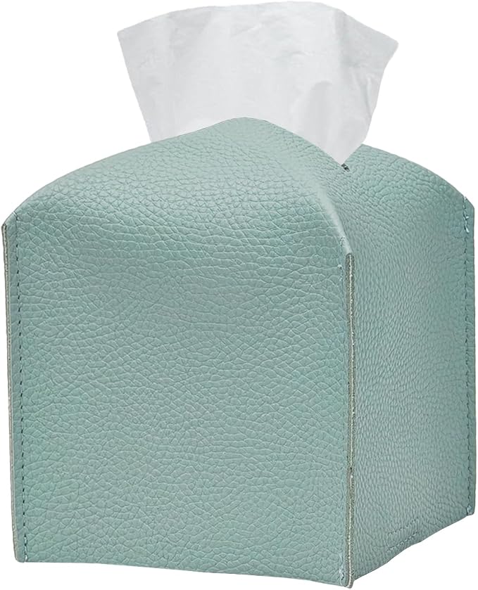 1PC Square Tissue Box Cover, PU Leather Square Tissue Box Holder with Bottom Belt Modern Tissue Box Organizer for Bathroom/Car/Hotel/Office (5.25”x5.25”x5”, Light Blue)