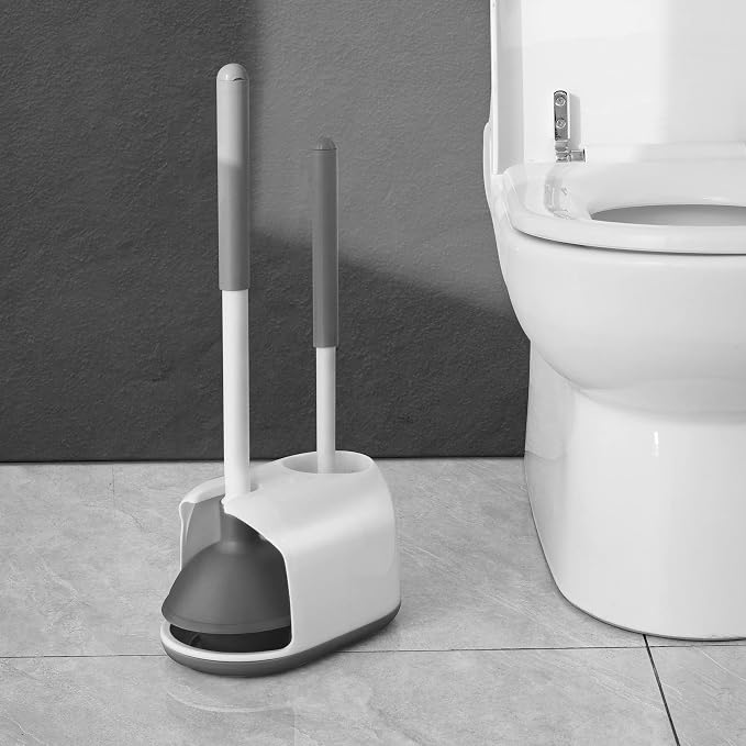 Eyliden Toilet Plunger and Brush Set, 2-in-1 Compact Holder, White | Unclogs Toilets, Deep Cleans Bowls, Nylon Bristles, Rubber Cup, Durable Plastic Caddy, Space-Saver, Bathroom Cleaning Tools