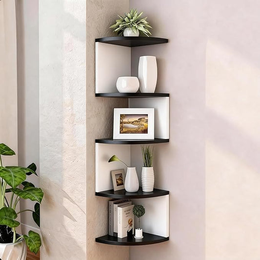 No-Drill Corner Shelf Wall Mount, 5-Tier Floating Corner Bookshelf with Hooks, Space-Saving Zigzag Plant Shelf for Bedroom, Living Room, Bathroom, Home Office(Black & White)