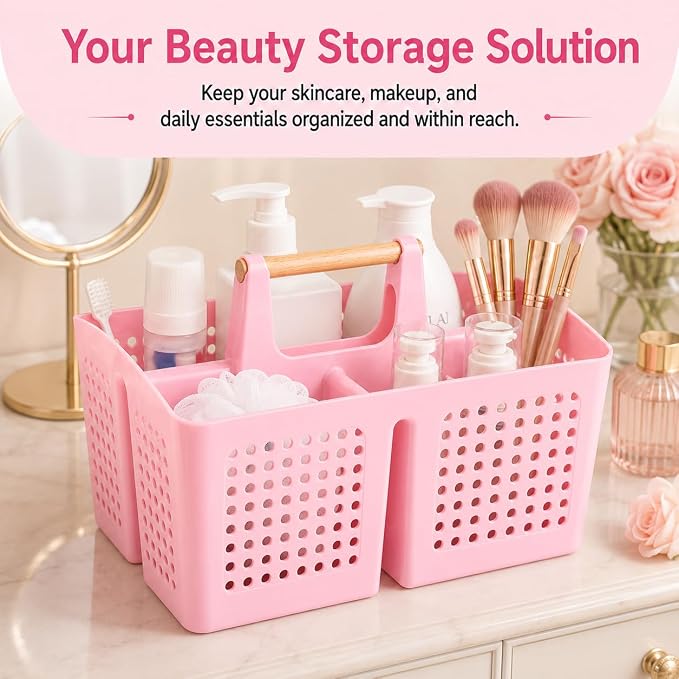 Portable Shower Caddy Basket with 3 Compartments and Handle, Caddy Pink | Plastic Divided Beauty Caddy Organizer for Makeup, Skincare, Hair Products, Nail Supplies, Vanities and Dorm Rooms