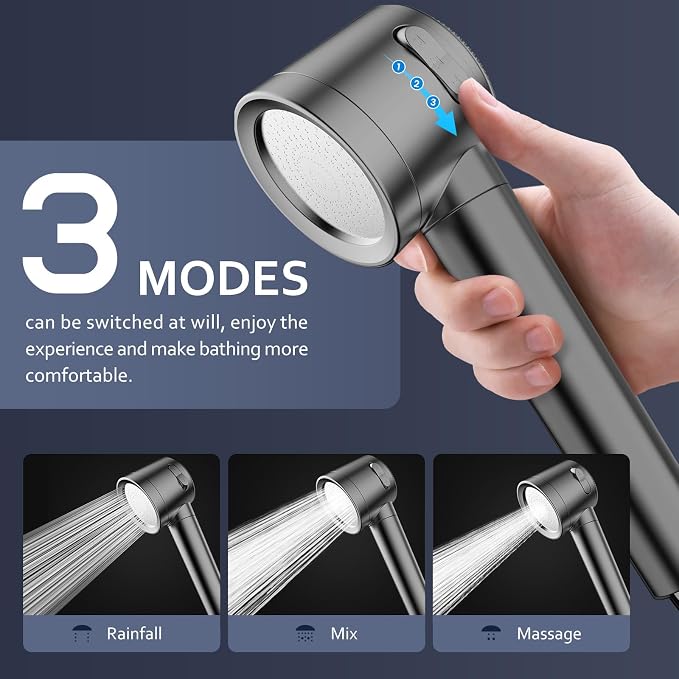 Filtered Shower Head with Handheld, High Pressure Water Flow and Multiple Spray Modes Shower Head with Filter, Power Wash for Hard Water, Showerhead with ON/OFF Switch for Pets Bath (Stone Gray) | 3 Spray,Silicone Massage Brush,Detachable Showerhead,Re...