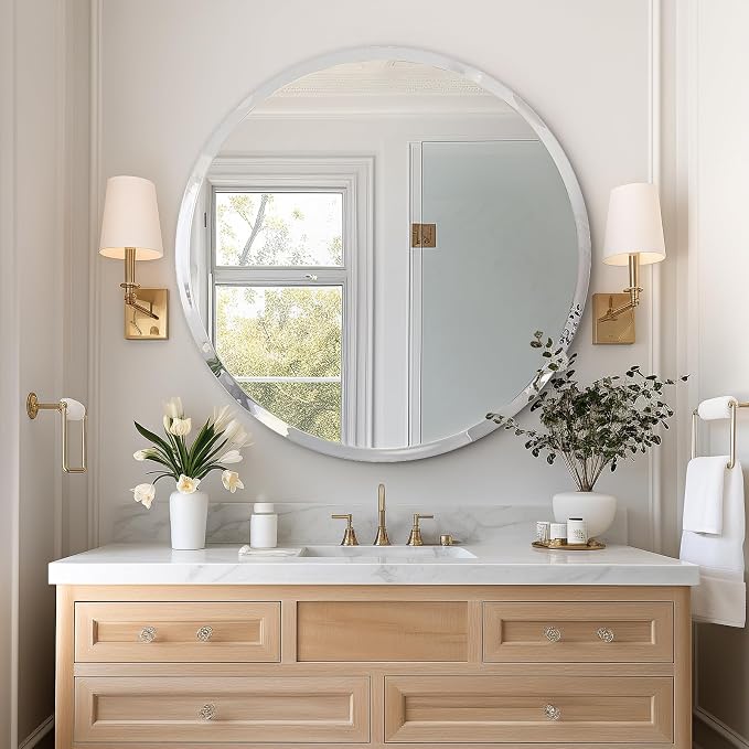 36" Round Frameless Wall Mirror with Beveled Edge | Circle Mirror for Bathroom & Vanity, Elegant & Simple Look