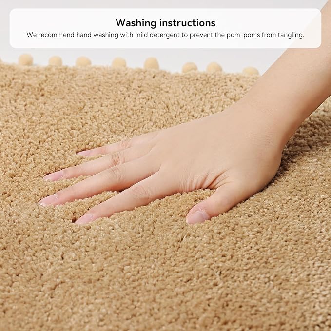 YIRDDEO Oval Rug for Bathroom, Cute Boho Bath Mat with Pom, Khaki | Soft Plush, Absorbent, Quick Dry, Machine Washable, Non Slip Bath Mat for Bathroom Shower Floor Home Decor