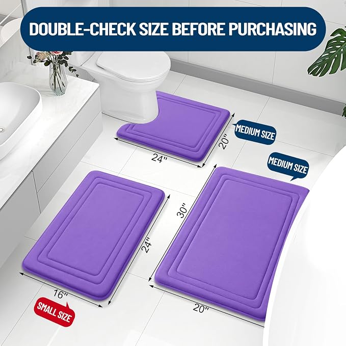 Grandaily Memory Foam Bath Mat Rug 30x20, Ultra Soft, Non-Slip and Absorbent Bathroom Rugs, Machine Wash Dry, Comfortable Bath Carpet for Bathroom Floor, Tub and Shower, Purple