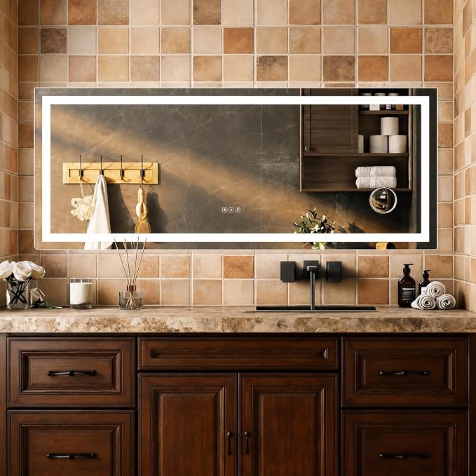 Large LED Bathroom Mirror 60x36 Inch - Frontlit & Backlit Frameless Wall Vanity Mirror with Stepless Dimming, Adjustable Color Temp, Anti-Fog Defogger, Smart Memory & 3X Suction Mirror, Sha
