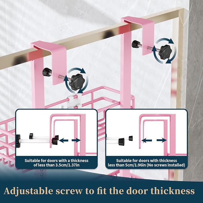 Consumest Over The Door Shower Caddy - 5 Tier Adjustable Shower Organizer Hanging with 2 Toothbrush Holders & 4 Hooks, Rustproof Organizer Shelf, Storage Rack for Bathroom, Pink