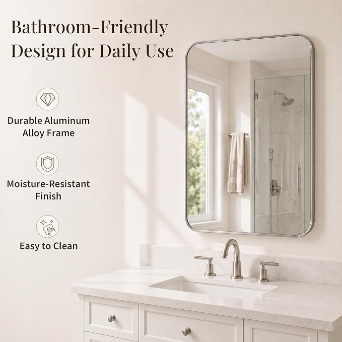 30x36 Inch Brushed Nickel Rounded Rectangle Bathroom Vanity Mirror | For Over-Sink Bathrooms, Corrosion-Resistant Aluminum Frame, Slim Front Profile, Two-Way Mount, Protective Packaging