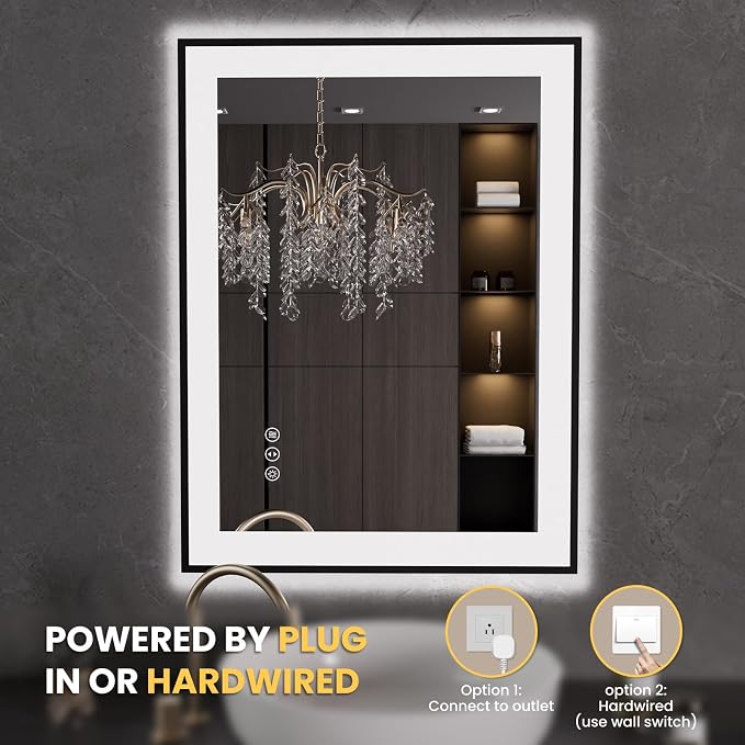 LOAAO 24"X32" LED Bathroom Mirror Black Framed | Anti-Fog, Dimmable, Memory Function, Tempered Glass, Lighted Vanity Mirror for Wall