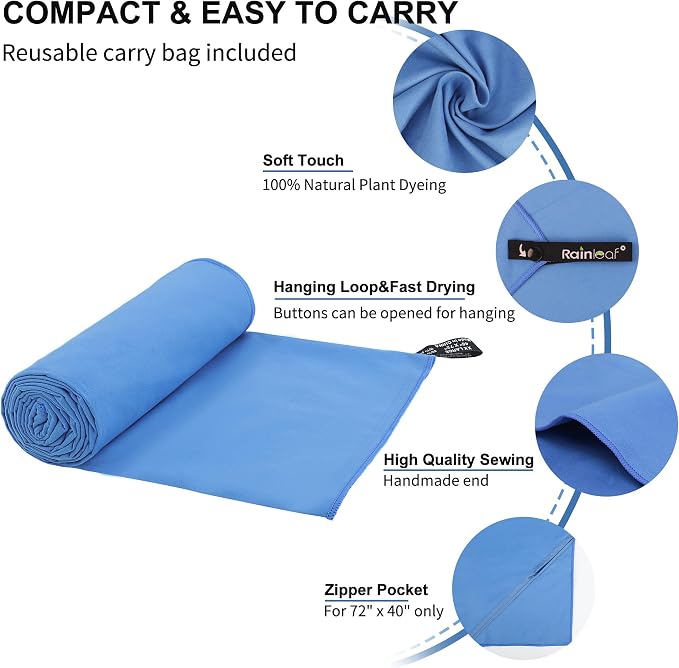 Rainleaf Microfiber Towel Quick Dry Camping & Travel & Gym Towel. Compact | Super Absorbent, Lightweight, Fast Drying. Suitable for Beach, Bath, Backpacking, Hiking, Swim.