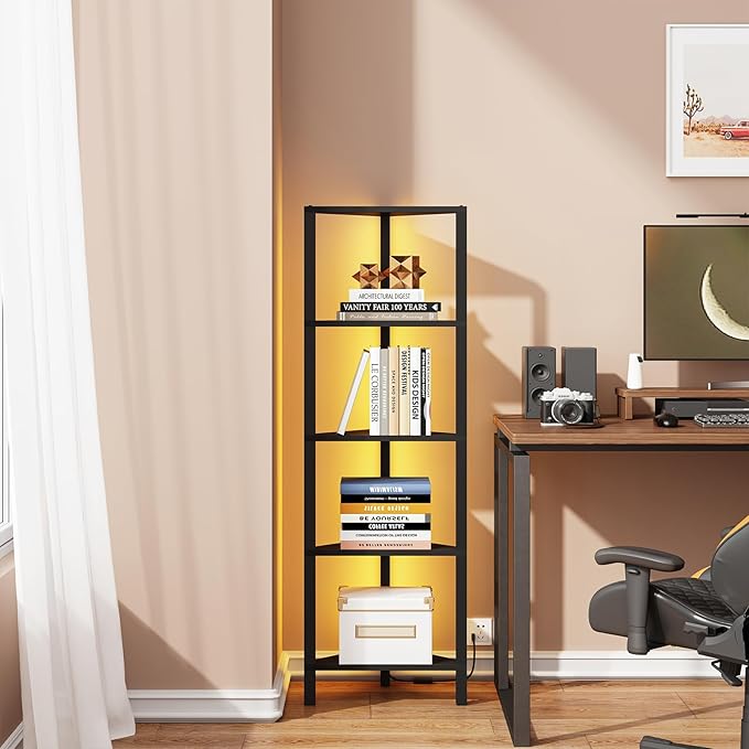 TUTOTAK Corner Shelf with LED Light, 5-Tier Corner Bookshelf | for Small Space, Narrow Display Corner Shelf Stand with Storage Rack, for Living Room, Bedroom, Black BS05BK005L
