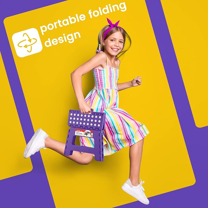 Folding Step Stool 9 Inch, Non-Slip Foldable Stools for Kids, Purple | Heavy Duty Collapsible Foot Stool, Lightweight, Holds 300lb for Toddler/Adults Kitchen Bathroom Bedroom Outdoor, with Handle