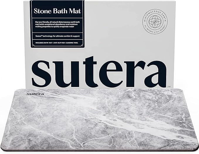 Stone Bath Mat for Bathroom, Dries in Seconds - Diatomaceous Earth, Granite | Super absorbent, quick-drying & easy to clean. Natural material that lasts — restores with light sanding.