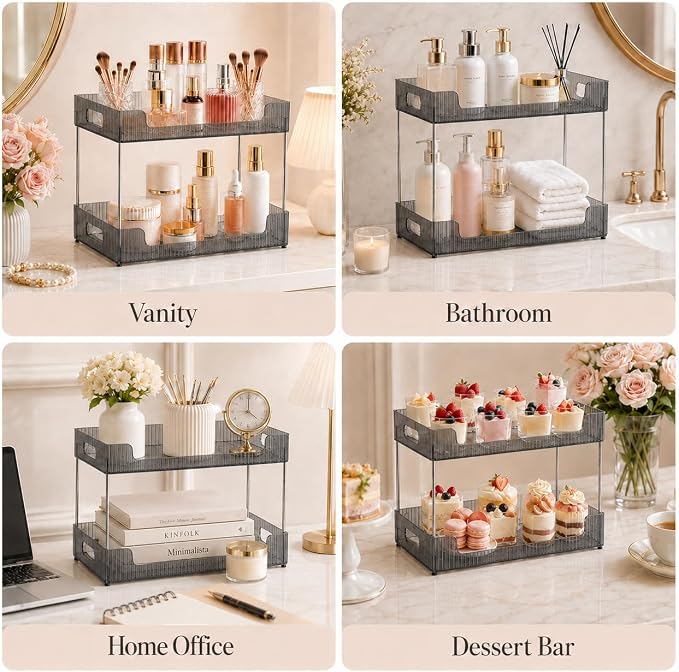 Goderewild 2 Tier Bathroom Counter Organizer, Multi-Purpose Cosmetics Skincare Shelf, Makeup Organizer for Vanity Tray, Countertop Storage Solution for Kitchen and Bath. (Smoky Gray)