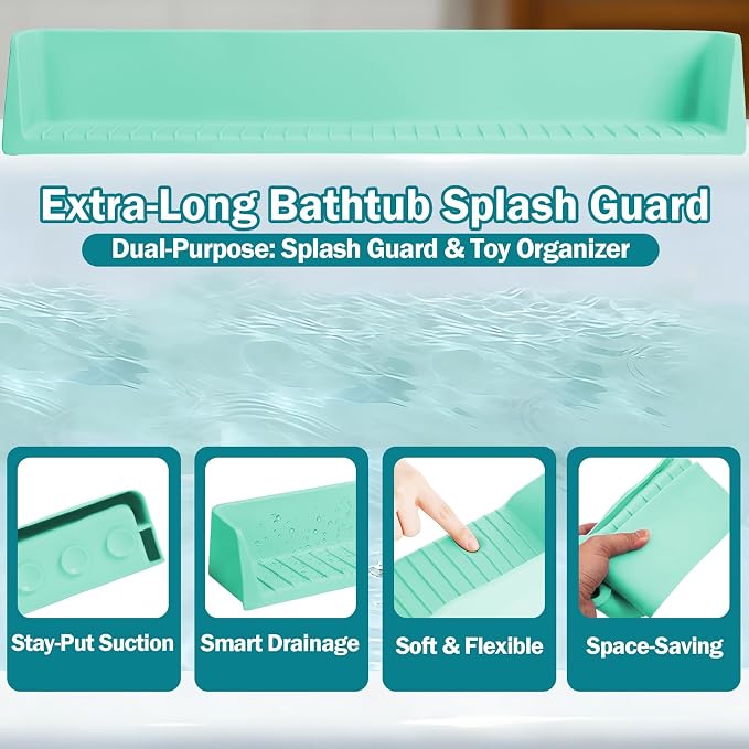 Bathtub Splash Guard for Tub Kids- Silicone Bath Play Shelf | 31" Extra Long Toy Tray & Caddy Holder, Prevent Water Spills & Messy Floors, Tub Edge Guard for Bathroom- Light Green