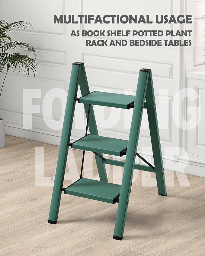 Taranta 3 Step Stool Foldable,Aluminum Step Ladder-Green | Lightweight,Wide Anti-Slip Pedals,Folding Step Stool,330lbs Capacity Stepladder for Household,Kitchen,Office