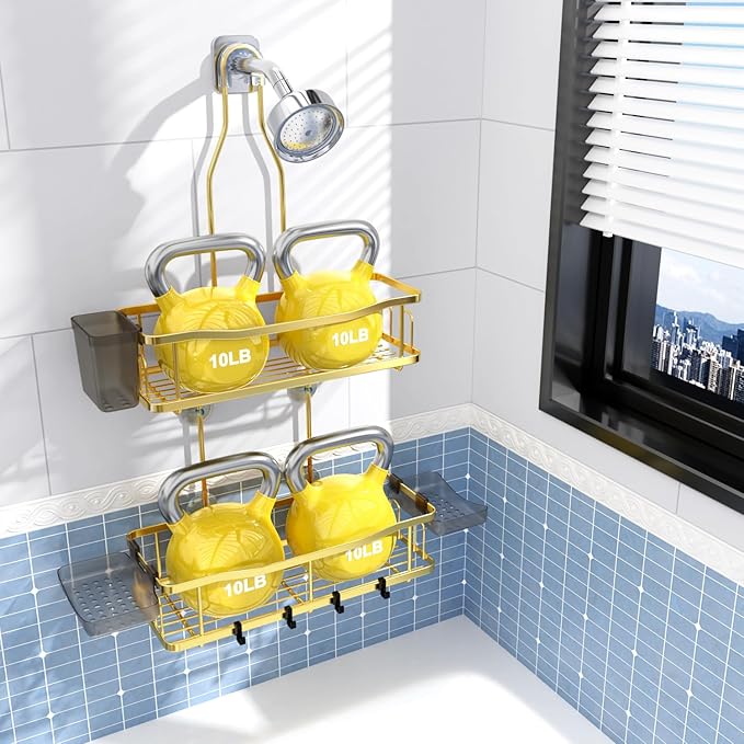 Hanging Shower Caddy Over Shower Head - No Drill Rustproof Shower Rack | Includes Soap Holder and Hooks for Shampoo, Conditioner, and Bathroom Essentials with Stable Storage in Any Shower Space