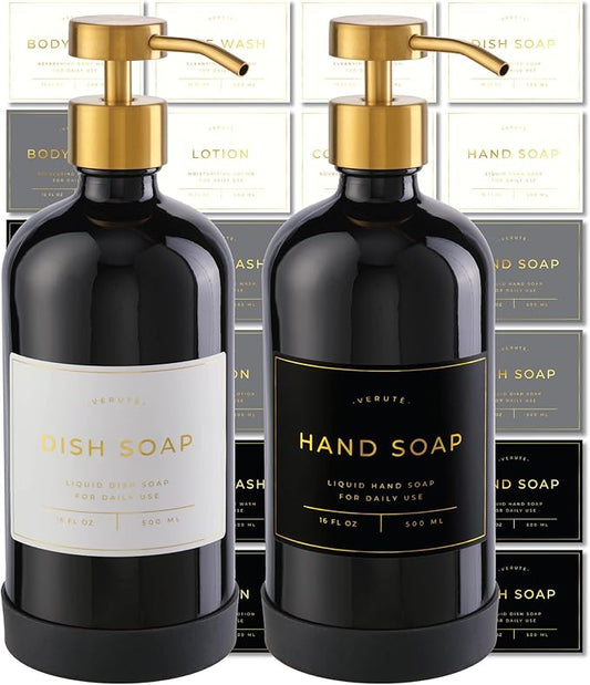 Hand and Dish Soap Dispenser for Kitchen and Bathroom, Set of 2 16 Oz Glass Bottles, Stainless Steel Pumps, Non-Slip Silicone Base, 27 Waterproof Labels (Gloss Black Bottle/Brushed Gold Pump)