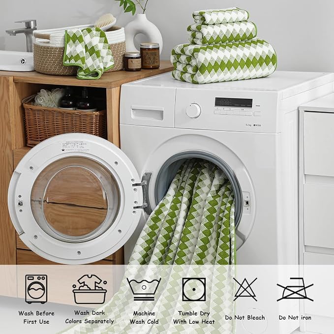 12 Pcs Dark Green White Diamond Towel Set-4 Bath Towels,4 Hand Towels,4 Washcloths Soft Polyester Bath Towel with Loop Absorbent Shower Towel Quick Dry Family Towels for Bathroom Spa Gym