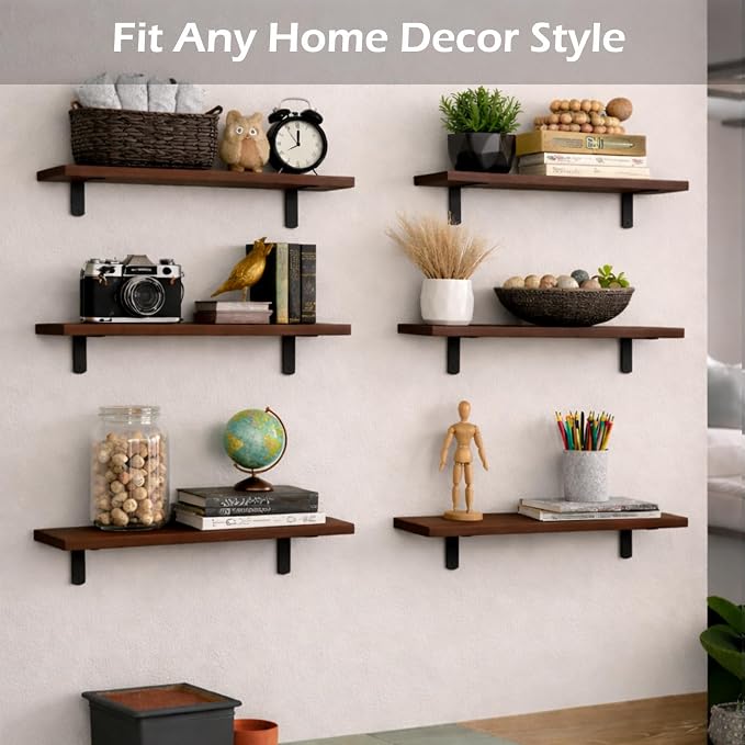 Floating Shelves Set of 6, Wooden Floating Shelves for Wall Decor, Farmhouse Shelf for Bedroom, Wall Mounted Bathroom Storage Shelves, Floating Book Shelves for Living Room