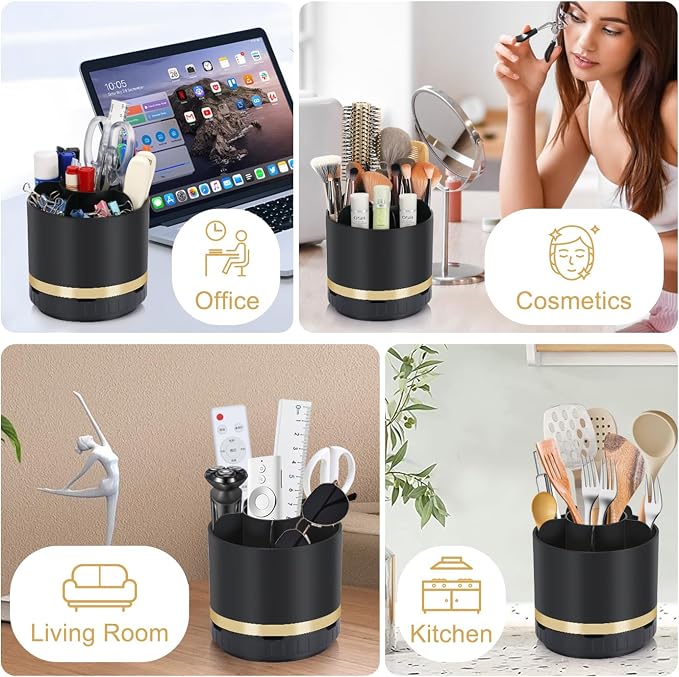 GFWARE Rotating Black Toothbrush Holder for Bathroom Organizer, Drainage | Detachable Matte Black 6 Slots Kids Electric Toothbrush and Toothpaste Holder, Bathroom Countertop Sink Storage Caddy