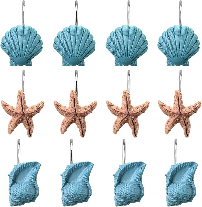 AGPtek® Seashell Shower Curtain Hooks, Blue Seashell, 12PCS | Anti Rust, Decorative Resin, Bathroom Decor, Baby Room Decor, Bedroom & Living Room Decor