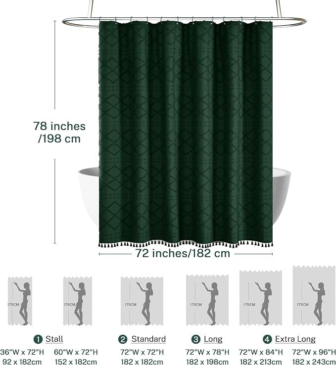 Siiluminisoy Extra Long Dark Green Boho Woven Fabric Cute Shower Curtain, 72 x 78 Tufted Chevron Textured Striped Modern Farmhouse Minimalist Cloth Shower Curtain for Bathroom