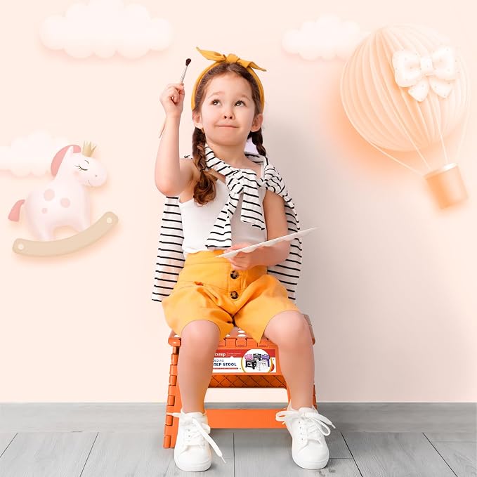 Folding Step Stool 9 Inch for Kids and Adults, 300 lbs, Orange | Lightweight Plastic Small Foldable Step Stool with Handle, Non-Slip, for Kitchen, Bathroom, Bedroom and Closet