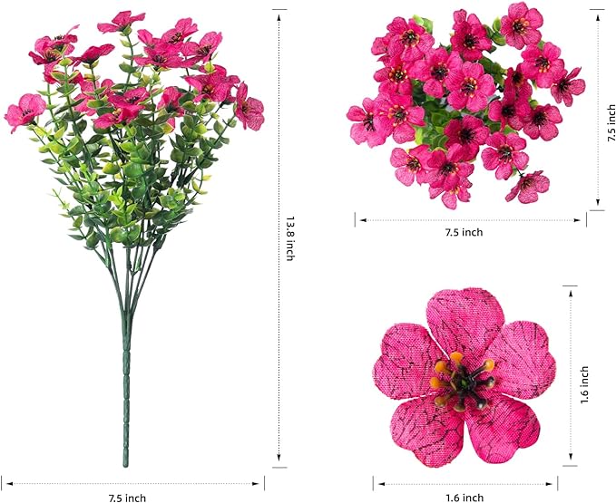 Artificial Flowers for Outdoor Indoor Garden Home Decoration, Faux Flower Daisy with Eucalyptus Leaves Fake Plants Greenery Boxwood Porch Patio, 12 Bundles (Rose Red)