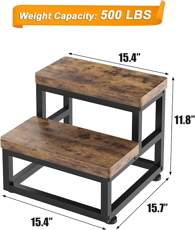 2 Step Wooden Step Stools for Adults Kids, Heavy Duty Stepping Stools Wooden Bed Step Stools for High Beds, Non-Slip 2 Bedside Foot Stool with 500 Lbs Capacity, Kitchen, Bed, RVS Step, Rustic Brown