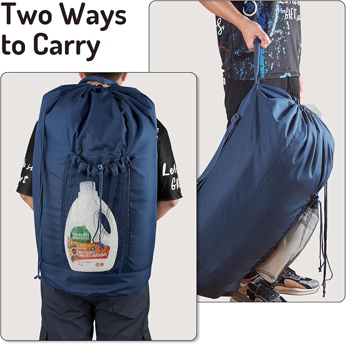 Seiritex Laundry Bag Backpack with Detergent Holder and Adjustable Shoulder Straps, Clothes Laundry Backpack for College, Travel, Apartment, Laundromat, Dorm Room (Blue)