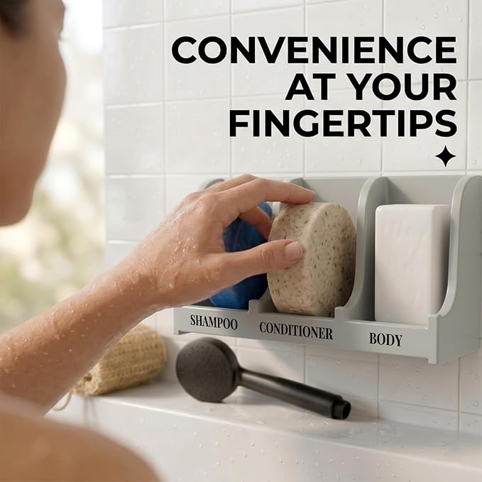 Soap Holder for Shower Wall, 3-Compartment Soap Dish for Shampoo, Conditioner and Body Soap, Fast Draining & Rust-Proof & Heavy Duty, Ultra-Strong Adhesive for Long-Term Bathroom Use & Freestanding