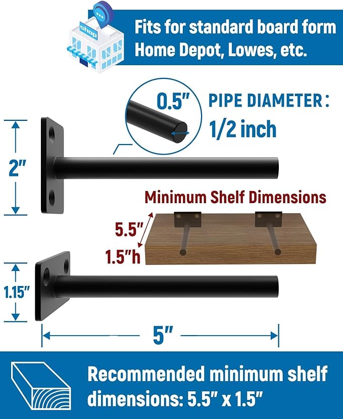 LEOPO 4-Pack 5 inch Floating Shelf Brackets, Hidden Shelf Bracket for Wood | Concealed Blind Shelving Support, Invisible Black Brackets for DIY Decorative, Fit for Kitchen, Bathroom,Study Room