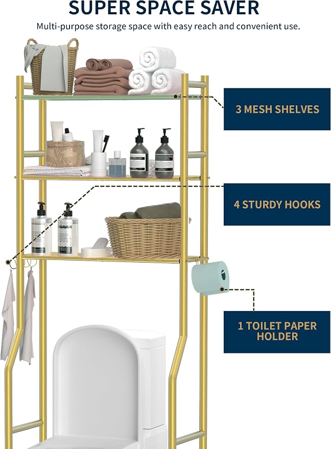 3-Tier Over Toilet Storage, Anti-Tilt, 64" H, Gold | Carbon Steel, 60lb Capacity, 26"L x 8.6"W x 64"H, Freestanding, 4 Hooks, No Drilling