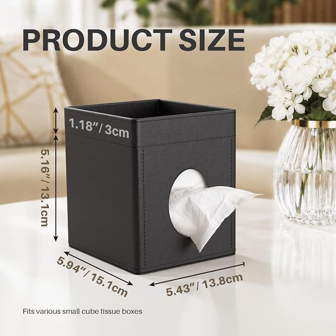 Square Tissue Box Holder with Storage Tray Tissue Box Cover, Tissues Cube Boxes Cover for Nightst, Dining Table, Dressing Table, Tea Table, Coffee Bar (Black)