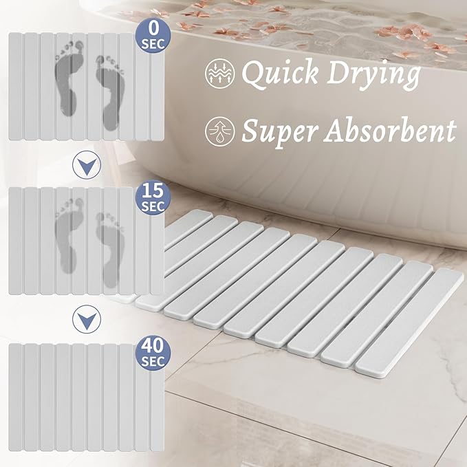 Foldable Stone Bath Mat, Diatomaceous Earth Stone Drying Mats for Bathroom | Quick Dry, Super Absorbent, Non Slip, Dish Drying Mat for Kitchen Counter, 23.5 x 15.4in, White