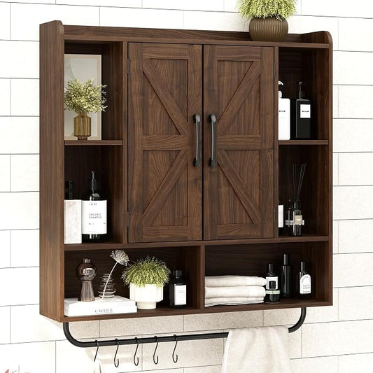 RUSTOWN Rustic Bathroom Wall Storage Cabinet with 2 Barn Doors, Dark Walnut | Farmhouse Medicine Cabinet, Wall Mounted, Space Saving, 3-Tier Adjustable Shelves, Towel Bar, 5 Hooks