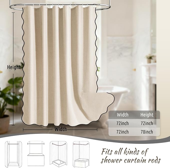 WONICY Boho Scalloped Shower Curtain with Hooks, Beige, 72 x 72 | Linen Look, Waterproof Polyester, 12 Plastic Hooks, Modern Farmhouse Style, Machine Washable, for Bathroom