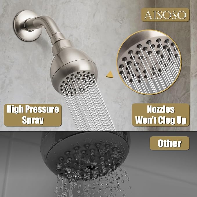 AISOSO High Pressure Shower Heads, Showerheads 3 Inches with 360 Rotation and Silicone Nozzles for Strong Spray Relaxing and Comfortable Shower, Brushed Nickel